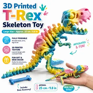 3D Printed T-Rex Skeleton Figurine, Flexible Poseable Dinosaur Bones Model with Movable Joints, Glow-in-the-Dark Jurassic Desk Ornament, 15cm/25cm Dino Collectible Toy, Stress Relief Fidget Decor Gift for Adults, Kids, Office & Bedroom