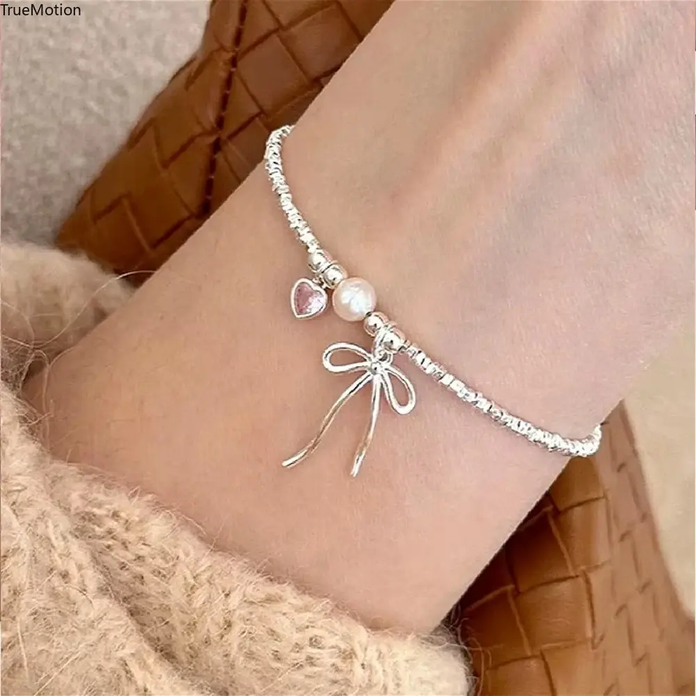 925 Sterling Silver Charms Bracelet for Women, Vintage Chain with Pink Bow Heart Charm, Unique Bracelet Design, Fashion Wrist Jewelry Birthday Gift, Exquisite Bracelet