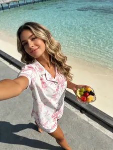 Women's Short Sleeve Pajamas Set, Bottom Floral Bow Full Print, Elegant Sweet Style, Comfortable Breathable Home Wear