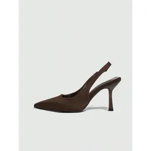 Women's Coffee Brown Pointed-Toe Stiletto Work Shoes, Slingback Back Strap Suede Shallow-Mouth Autumn Heels
