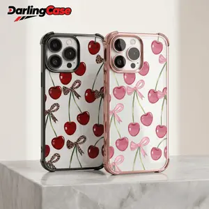 Darlingcase Cherry Leopard Bow Pattern Transparent Electroplated Phone Case, For iPhone 17 Pro Max iPhone 16/15/14/13/12/11 Four-Corner Shockproof Full Camera Protection, Stylish Durable Anti-Drop Silicone Protective Cover,