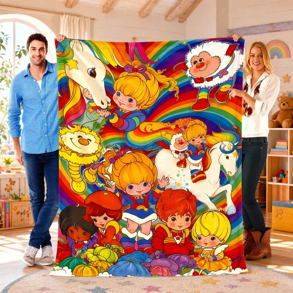 Rainbow Brite Flannel Throw Blanket, Ultra-Soft Plush Flannel, Cute Cartoon Design, for Couch Bed, Kids Bedroom Decor, Birthday-Christmas Gift