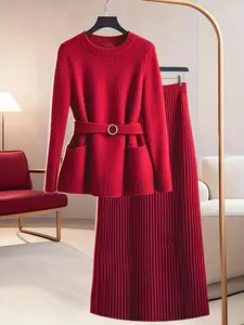 Women's Elegant Two-Piece Set, Winter Warm Knit Sweater & Long Skirt, Full Sleeve Solid Color, Retro Style