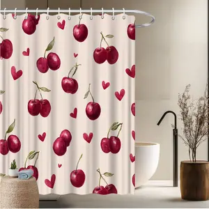 1pcs Fruit Theme Bath Curtain-2D Flat Red Cherry And Heart Pattern Print Bath Curtain Fun Home Window Curtains Bathroom Decor Ocean Bathtub Decor 70.8x70.8 inches