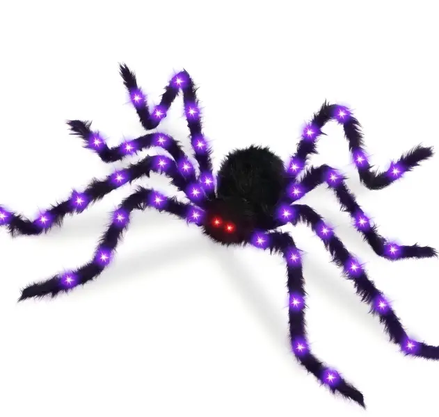 78-Inch (6.6FT) Giant Hairy Fake Halloween Spider Decor - Light-Up Scary Spider with Bendable Legs, Red Eyes, Purple Lights, Indoor Outdoor Haunted House Party Prop Gift