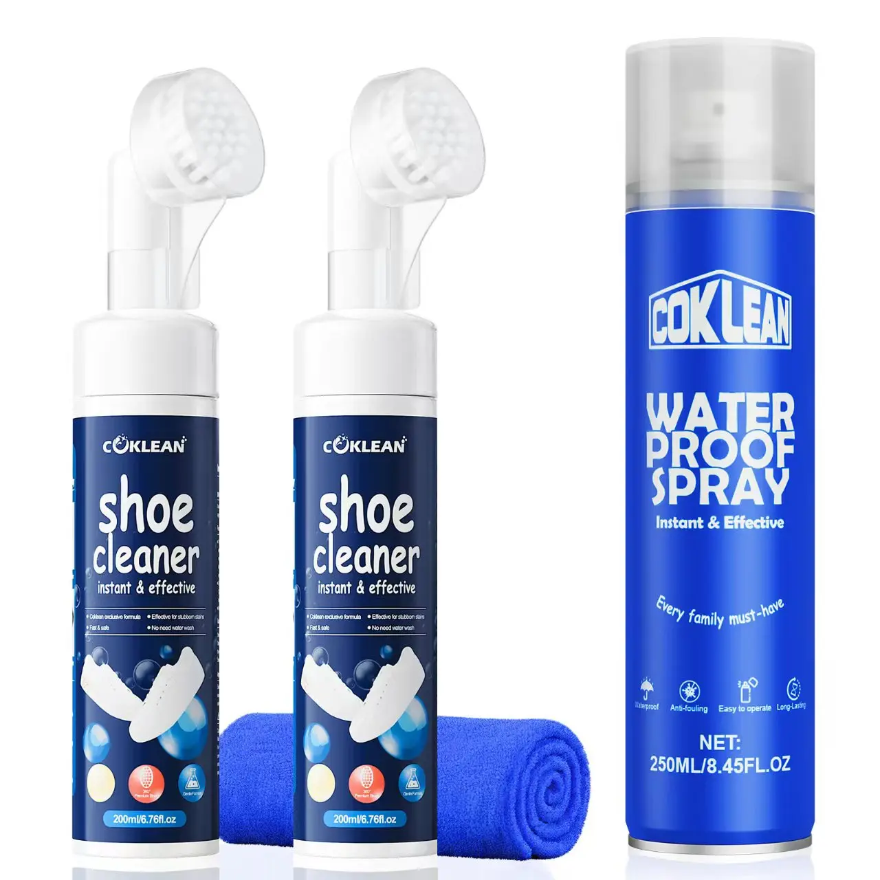 COKLEAN Waterless Shoe Cleaner - Buy two bottles and get one waterproof spray for free. Features an all-in-one brush head design for quick cleaning foam, suitable for leather, white shoes, suede, canvas, and sneakers,