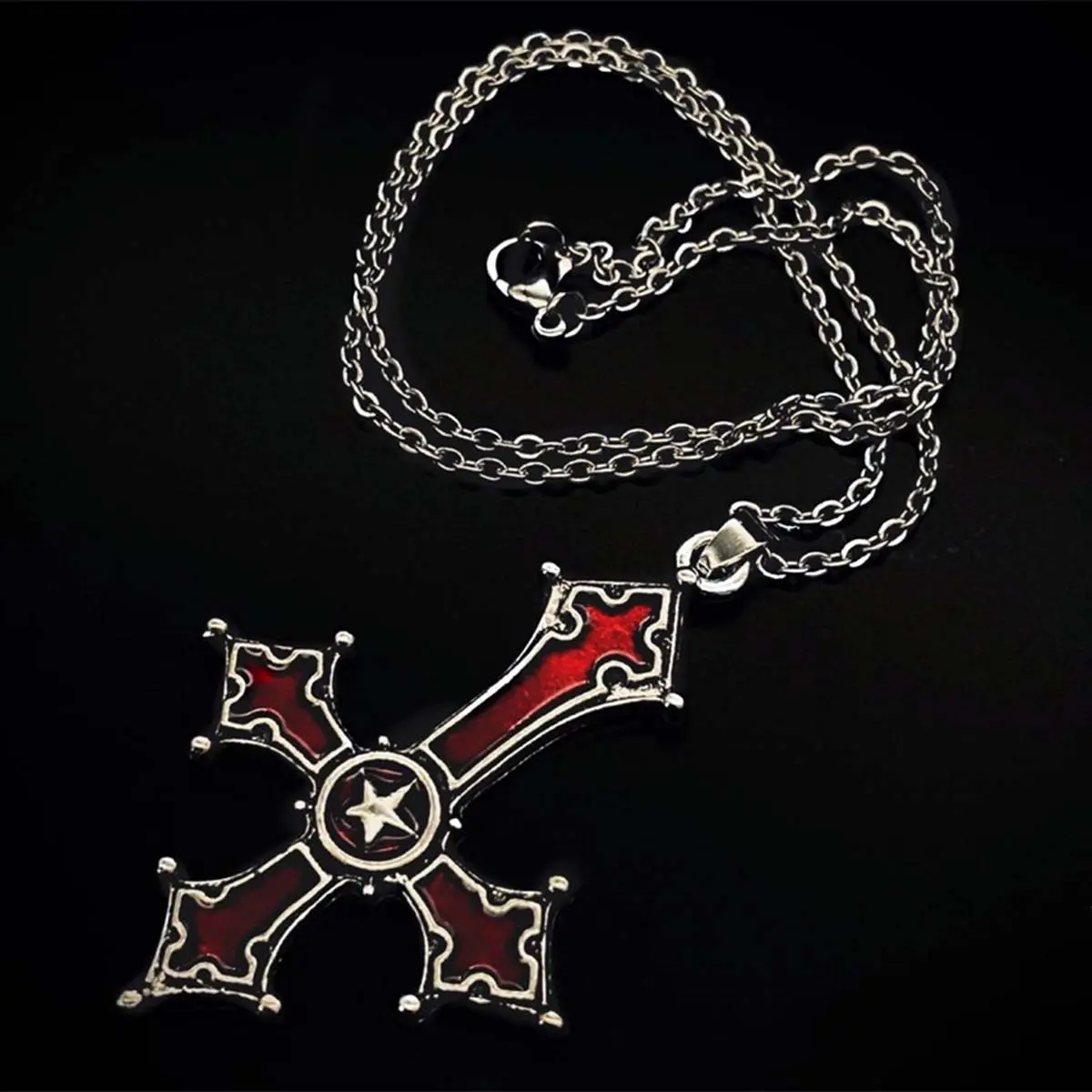 Unisex Gothic Inverted Cross Costume Jewelry Necklace - Red-Black Long Link Chain, Artificial Gemstone Exquisite Trendy Faith Pendant Statement Accessory, Exquisite Trendy Pendant