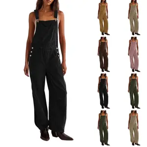 Adjustable Romper Jumpsuit with Pockets Women's Corduroy Overall Barrel Wide-Leg Bib Pants Fall/Winter Casual Cotton Minimalist Everyday Fit Soft Style Basic Brown Womenswear Fitted Sleeveless Strap Strappy