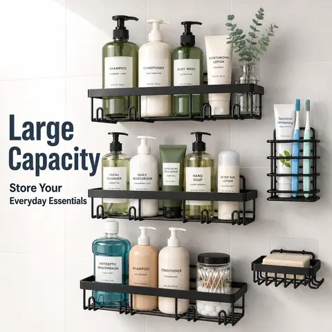 [DealsForYouDays] 5-Piece Minimalist Pink Stainless Steel Bathroom Storage Pack, Rustproof Waterproof Adhesive No-Drill Wall-Mount Shelves, Multi-Piece Bathroom Rack Sets with Toothbrush Holder, Soap Dish, Shower Organizer for Apartments