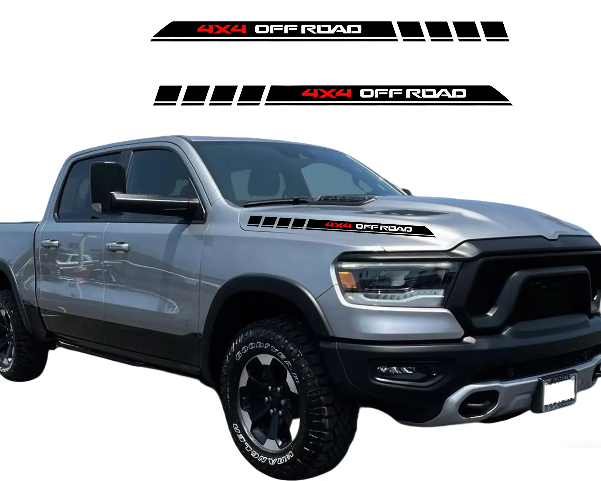 Vinyl Car Sticker - Waterproof 4X4 Offroad Car Hood Engine Stripes for Dodge Ram 1500, 2500, 3500 - Matte Black, Red, Silver, White