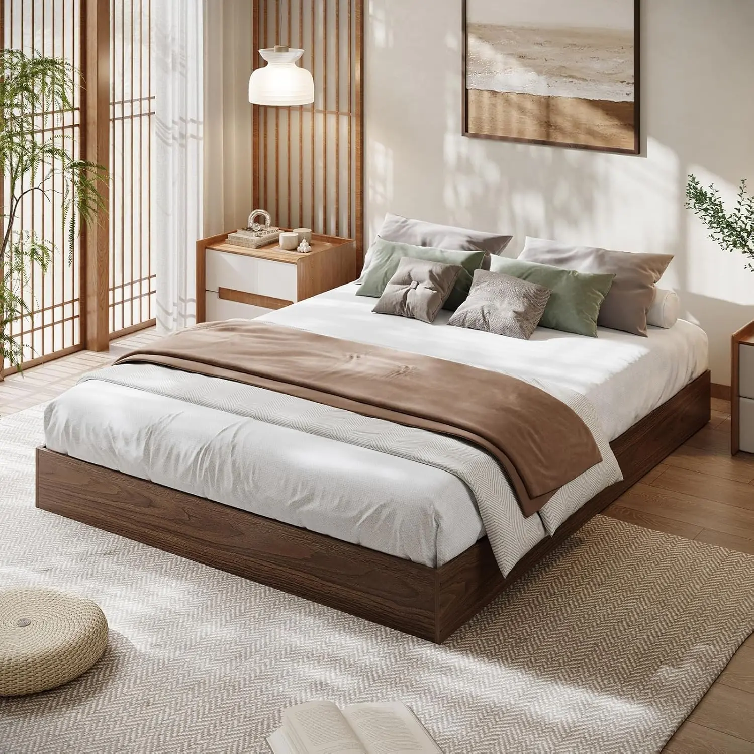 GARVEE California King Size Solid Wood Platform Bed with Sturdy Wooden Slats, Floor-Standing Bed Frame, No Box Spring Needed, Easy Assembly, Walnut Wood