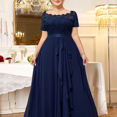 elegant navy blue dresses for wedding guests plus size Plus Size Navy Blue Formal Gown: Metallic V-Neck Long Sleeve Polyester Dress