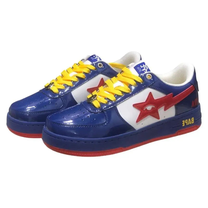 Glossy Navy White Patent Leather Low Top Sneakers, Red Star Appliqué, Yellow Fabric Laces, Red Rubber Outsole, Lace-Up Flat Skate Shoes for Streetwear, Sports Viewing, Daily Urban Commute & Casual Hangouts