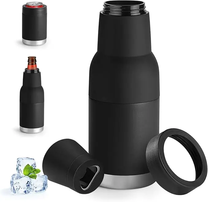 12oz Universal Beer Insulator 3-in-1 stainless steel cooler for bottles and cans, vacuum insulated, and a built‑in bottle opener. Keeps your drink ice‑cold for hours – perfect for fishing, camping, or backyard BBQs. A gift any beer lover will actually use
