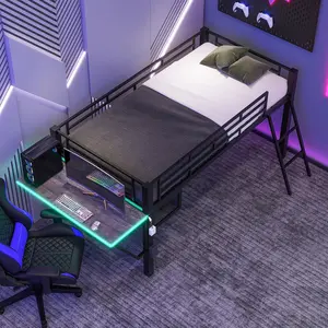 Gaming Mid Loft Bed with LED-Equipped Study Desk & Storage, Black - Space-Saving Modern Design for Compact Rooms (Twin)