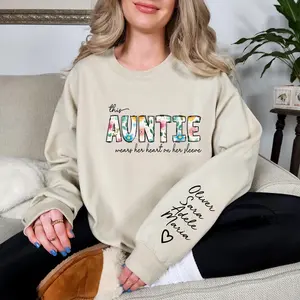 Custom "This Auntie Wears Her Heart On Her Sleeve" Sweatshirt Personalized Floral With Kids Names Mother's Day Gift