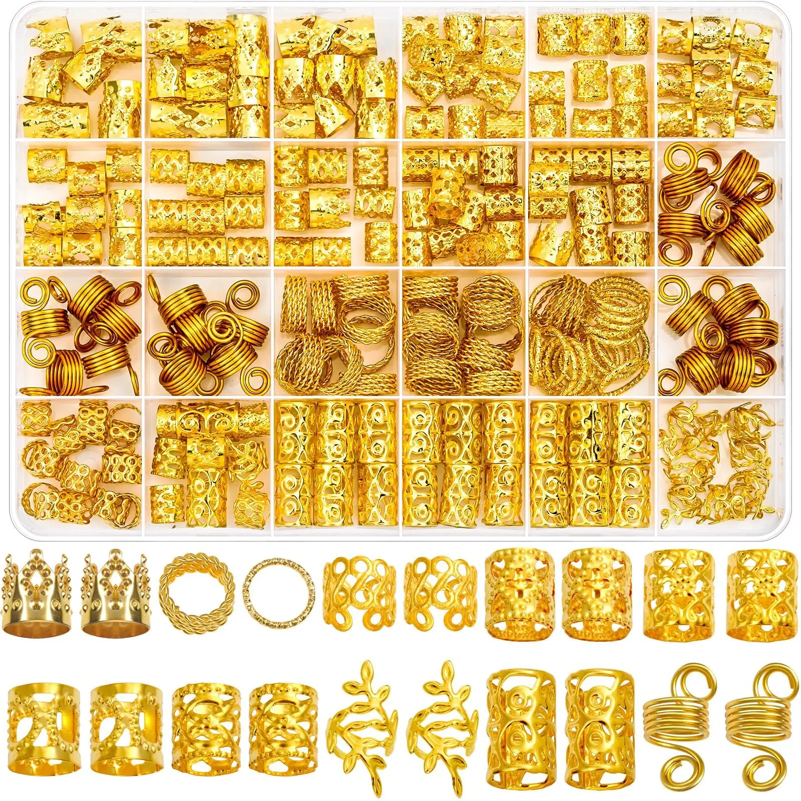 220 Pcs Gold Hair Jewelry for Braids, Loc Jewelry for Hair Dreadlock, Loc Charms for Women, Metal Gold Braid Rings Cuffs Clips for Dreadlock Accessories Clip Braids Extensions Decorations
