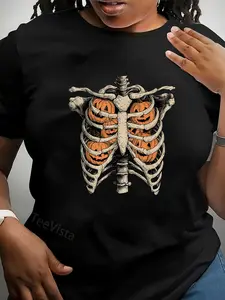 100% Cotton Retro Halloween Ribcage Pumpkins Spooky Season T-Shirt