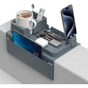 CLESOO Anti-Slip Sofa Armrest Tray with Dual Side Pockets - Silicone Drink Holder & Phone Stand for Couch - Waterproof & Dustproof Organizer for Tablets, Remotes, Snacks
