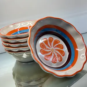 Orange/white/ blue ceremic Bowls 7.5”, SET OF 6