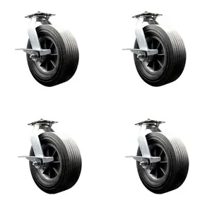BBQ Smoker Grill Flat Free All Terrain Caster Wheel Set–10 Inch Easy Roll, No Flat, Maintenance Free Solid Rubber Wheel–4 Swivel Casters with Side Lock Brakes and Bolt-On Lock–Set of 4– Service Caster