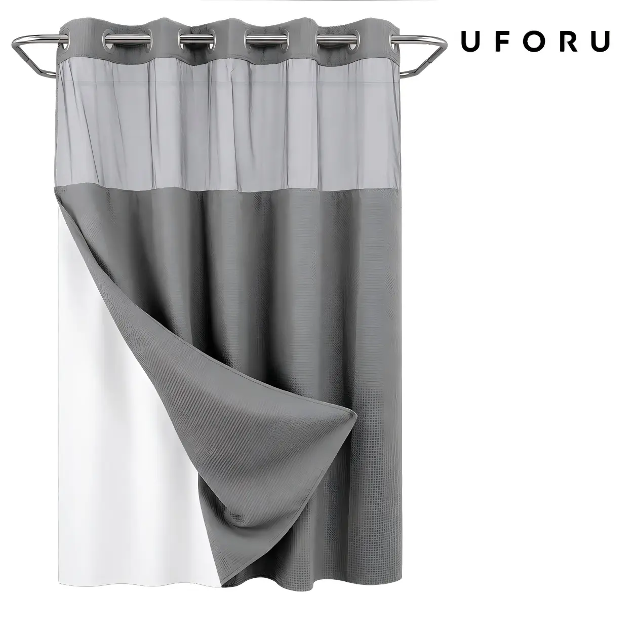 UFORU Double-layer shower curtain set without hooks | Clip-on waterproof lining + top sheer mesh, waterproof and washable, hotel-grade quality, bathroom remodel essential