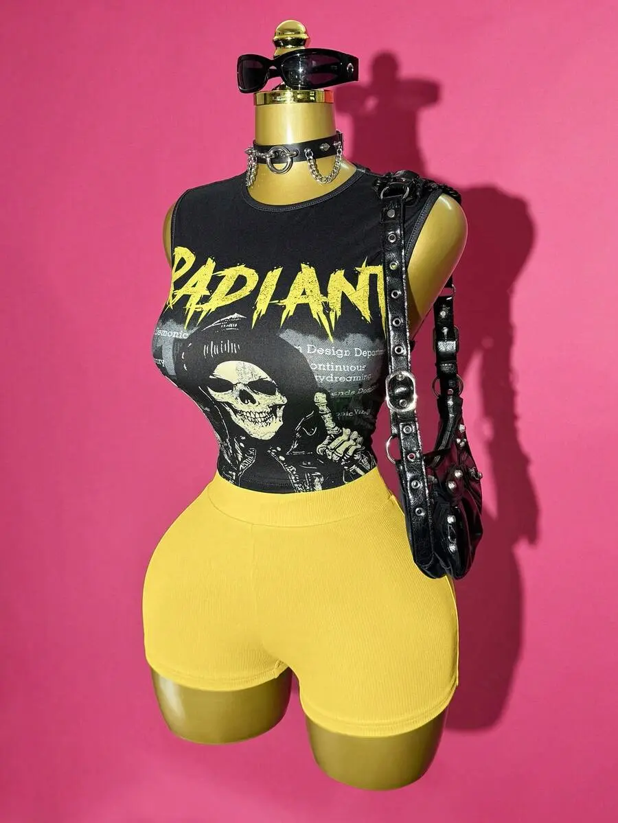 Lumina x Slaydiva Women's 2 Pieces Set Black Summer Streetwear Nightclub Y2K Skull Print Tank Top & Green Elastic Tight Shorts Bohemian Retro Music Festival Outfit