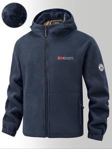 men's fleece lined hooded jacket, warm windproof coat with pockets, casual fall & winter outerwear, long sleeve zipper design