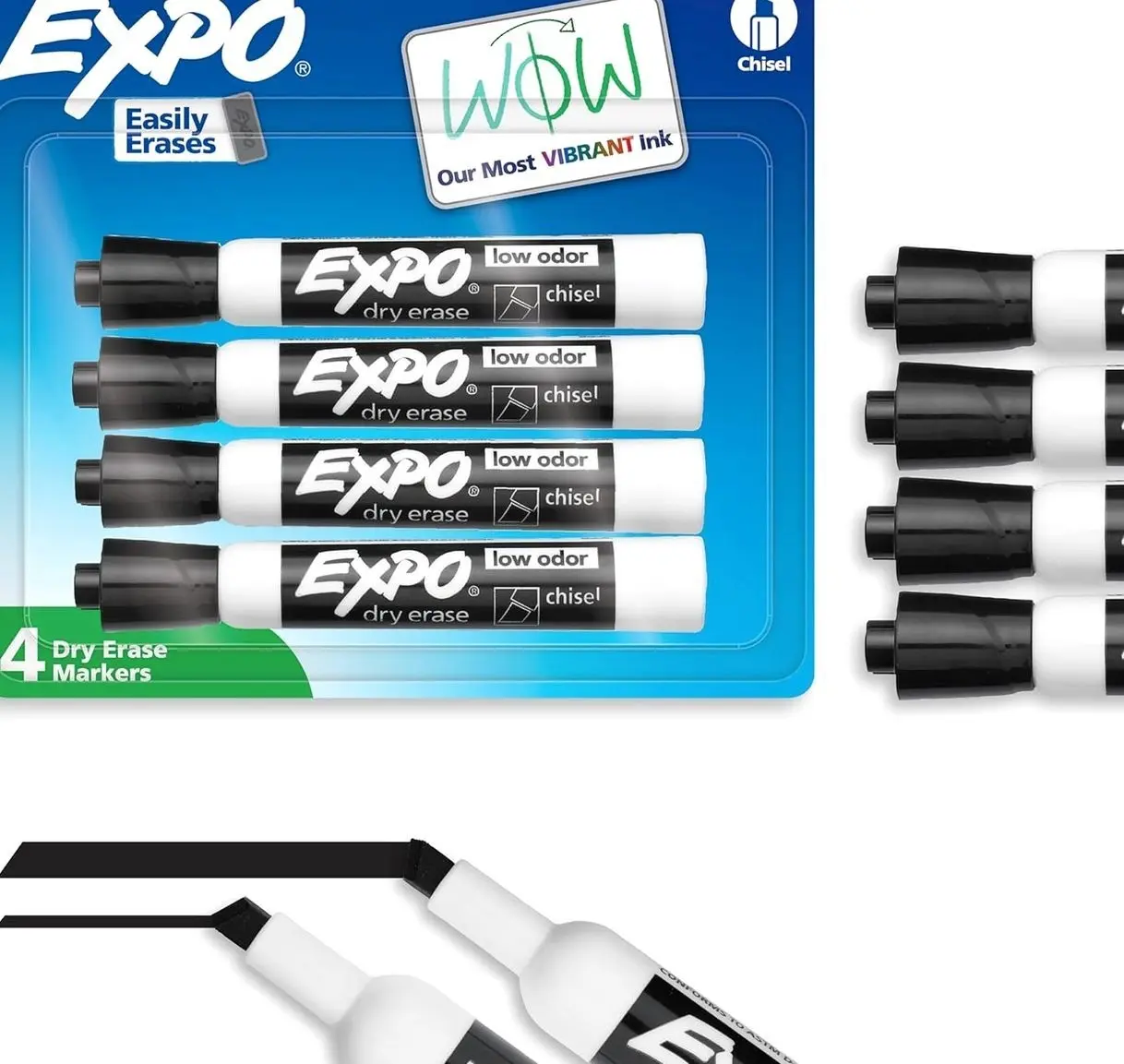 EXPO Dry Erase Markers, Low Odor Ink, Black, Chisel Tip, 4 Count - Whiteboard, Calendar, Organization, Essential Supplies for Office, School, Classroom, Teachers