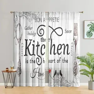 Kitchen Themed Pattern Window Curtain, 2 Counts/set Retro Farmhouse Style Printed Curtain, Home Decorative Curtain for Living Room Bedroom Bathroom, Home Decoration Curtain, Window Drapes