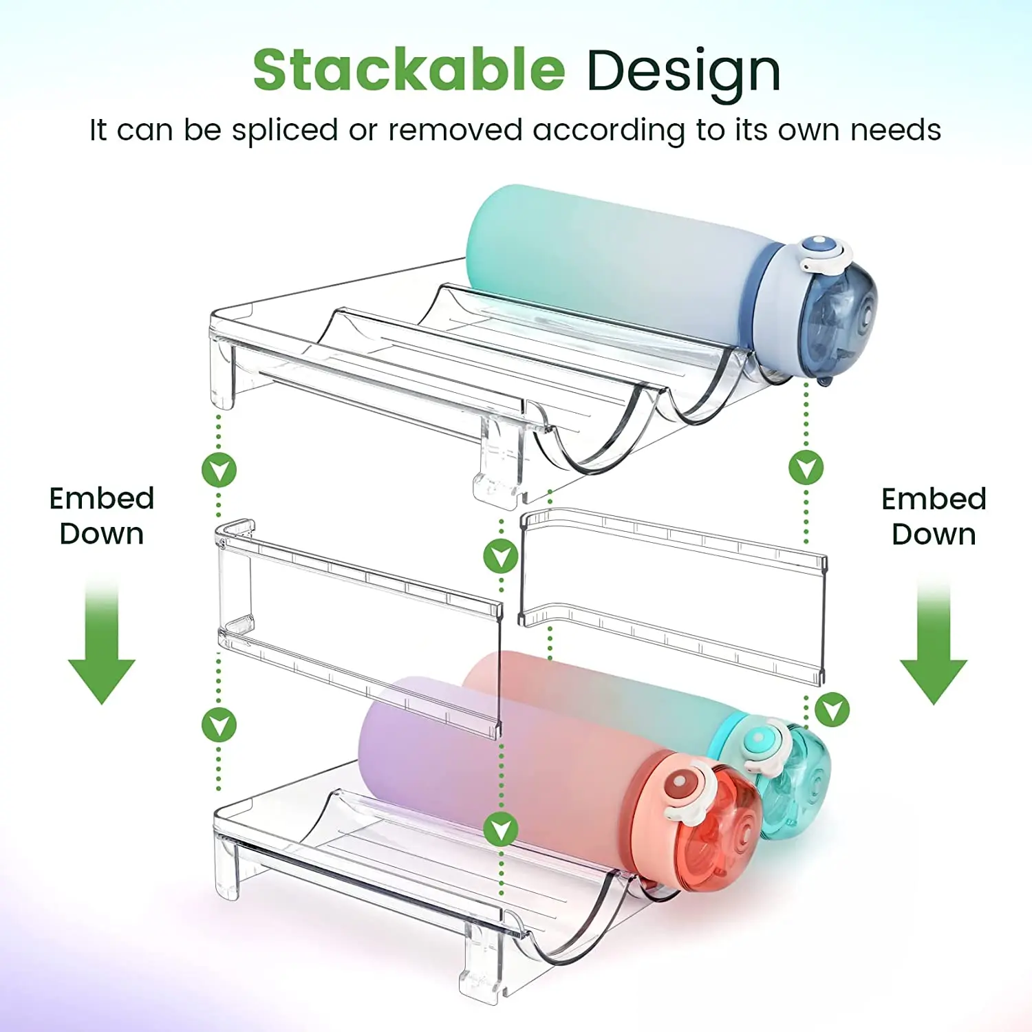 SPOSPO Water Bottle Organizer for Cabinet Stackable Storage Rack 2 Packs BPA Free Plastic Holder 11.2 x 8 x 5.7 Inch Space Saving Easy Install Installation Set