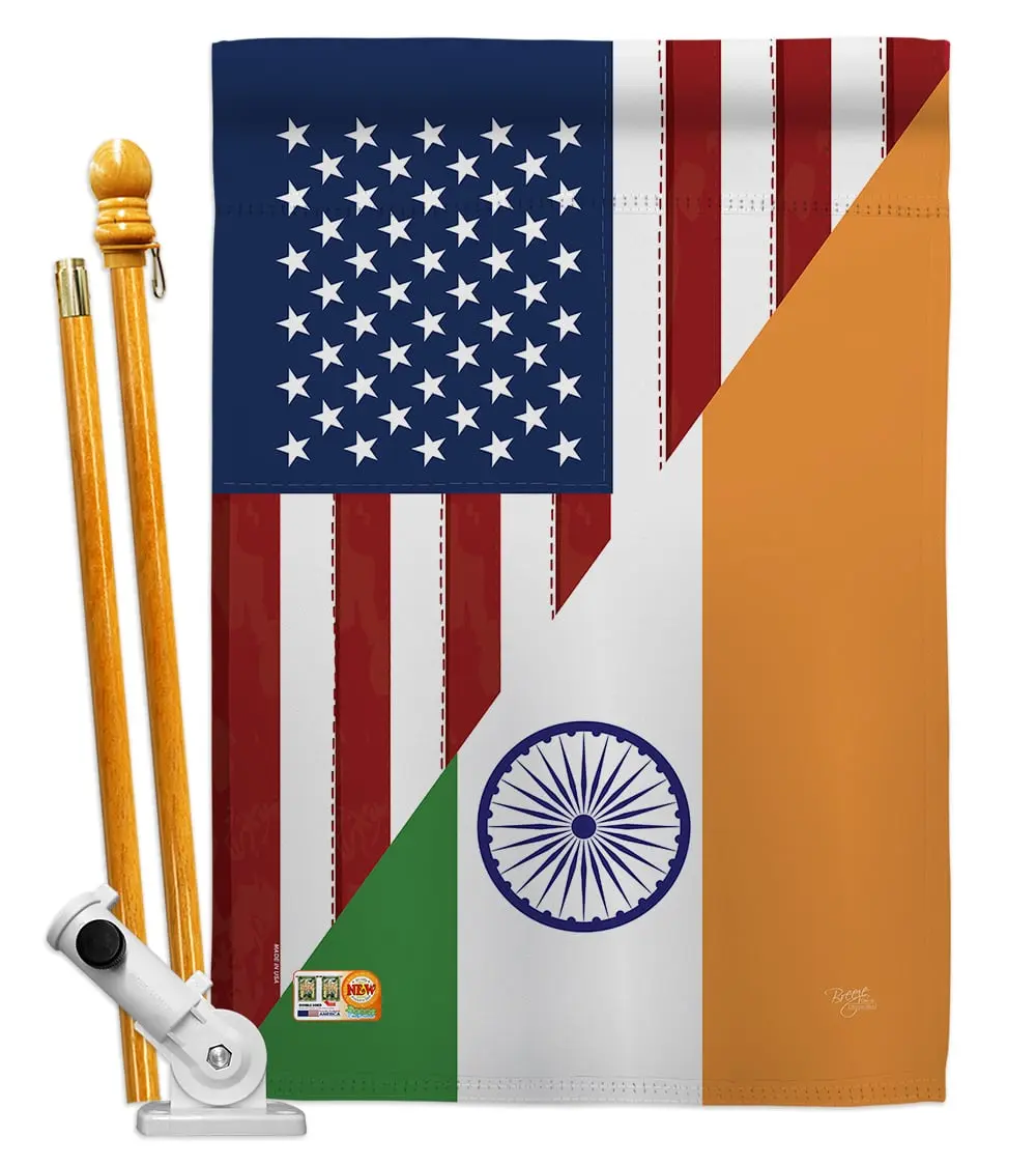 BD-FS-HS-108403-IP-BO-D-US18-BD 28x40 in. US-India Friendship Wood Print Wall Hanging Flag Set, Double-Sided Vertical Decorative House Flag with Rick Pole Bracket Hardware