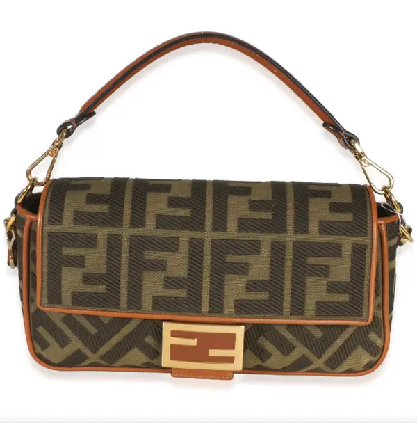 Pre-owned FENDI Canvas Shoulder Bags Green Tan FF Embroidery Medium Baguette Bag