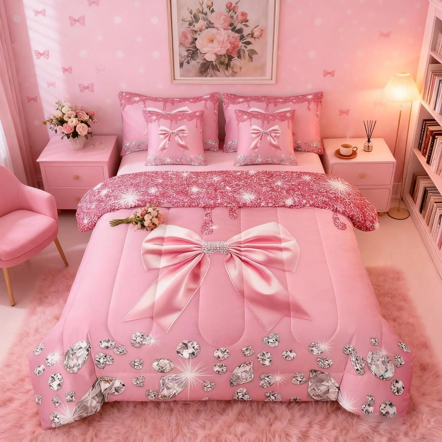 Grey Diamond Comforter Set,7 Piece Bed in a Bag,Sparkling Sequins Bow Kawaii Bowknot Bedding Set,Glitter Cute Ribbon Bow Knot Comforter and Sheet Setstarry Sky Dreamy Bow Tie Bed Set