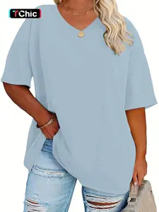Plus Size Solid Short Sleeve T-Shirt, Casual V-Neck Loose Fit, Women's Basic Summer Top, Comfortable Soft Tee, Versatile Fashion