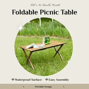 Folding Outdoor Table, Lightweight Aluminum Roll-Up Rectangular Table, Suitable for Indoor and Outdoor Use: Camping, Picnics, the Beach, the Backyard, Barbecues, Parties, and Patios, Brown
