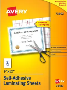 Avery Clear Laminating Sheets, 9" x 12", Permanent Self-Adhesive, 2 Sheets (73602)