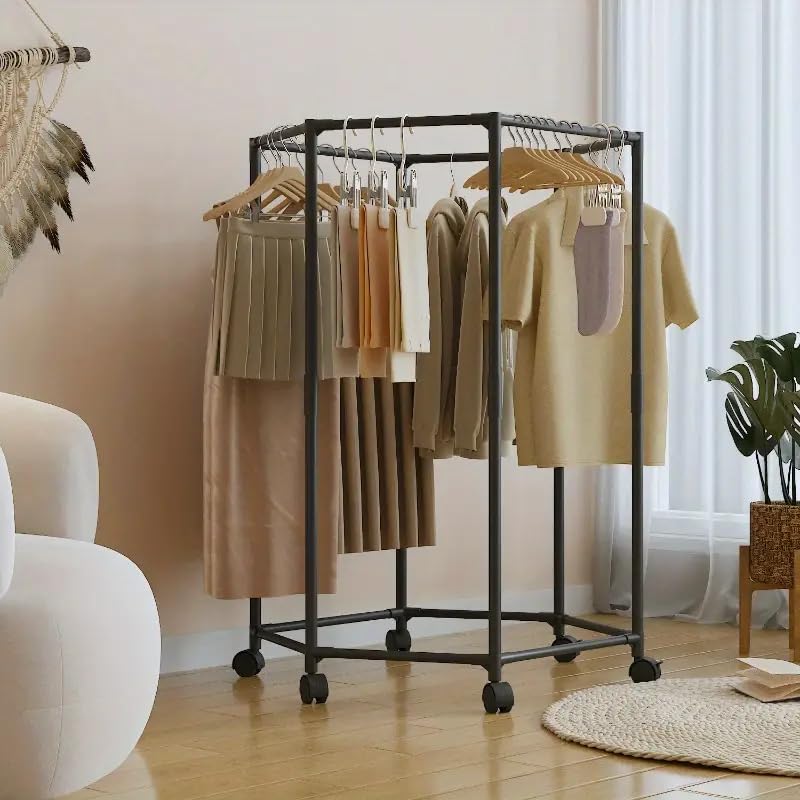 360° Rotating Hexagonal Clothes Drying Rack with Wheels, Heavy Duty Garment Rack, Space Saving Foldable Laundry Hanger, Indoor Outdoor Clothing Organizer