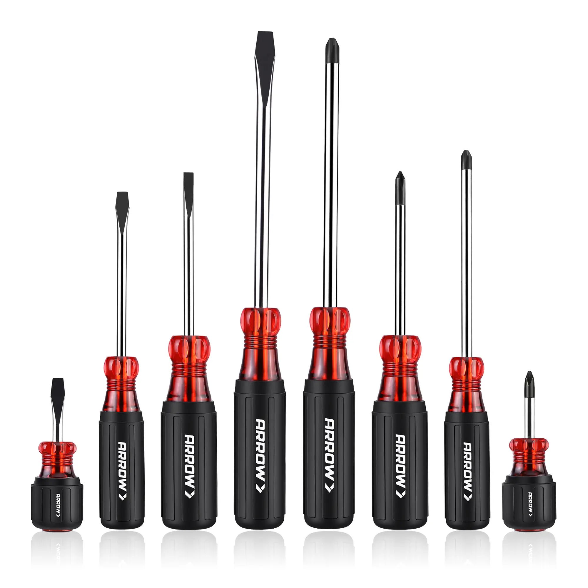 ARROW 8 Packs Magnetic Screwdriver Set, Professional S2 Steel Screw Driver Kit with Non-Slip Grip, Stubby Screwdrivers, Magnetic Phillips and Flathead Tips, for Home and Industrial Use