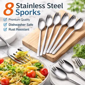8 Pack Stainless Steel Sporks – 18/10 Long Handle Dessert Spoon Fork, Reusable Ice Cream Spork for Fruit Appetizer – 7.4 Inch