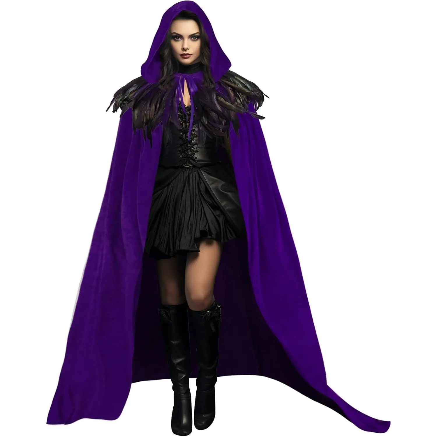 Unisex Solid Velvet Adult Full Length Hooded Robe Cape with Classic Gothic Feather Cloak Suit