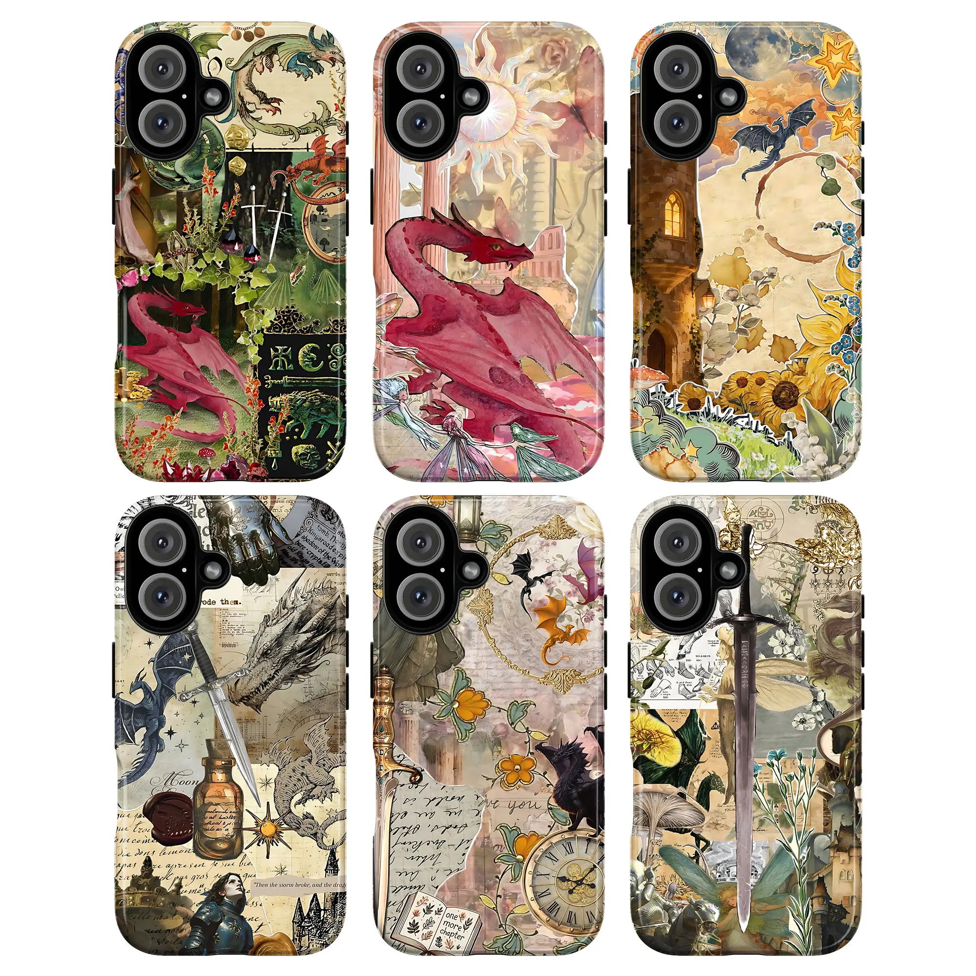 Dragon Fantasy Phone Case – Vintage Collage Aesthetic Cover with Red Dragon, Sword, Castle & Floral Elements, Medieval Art Phonecase for iPhone 17 16 15 14 13 Pro Max , Gift for Him & Her