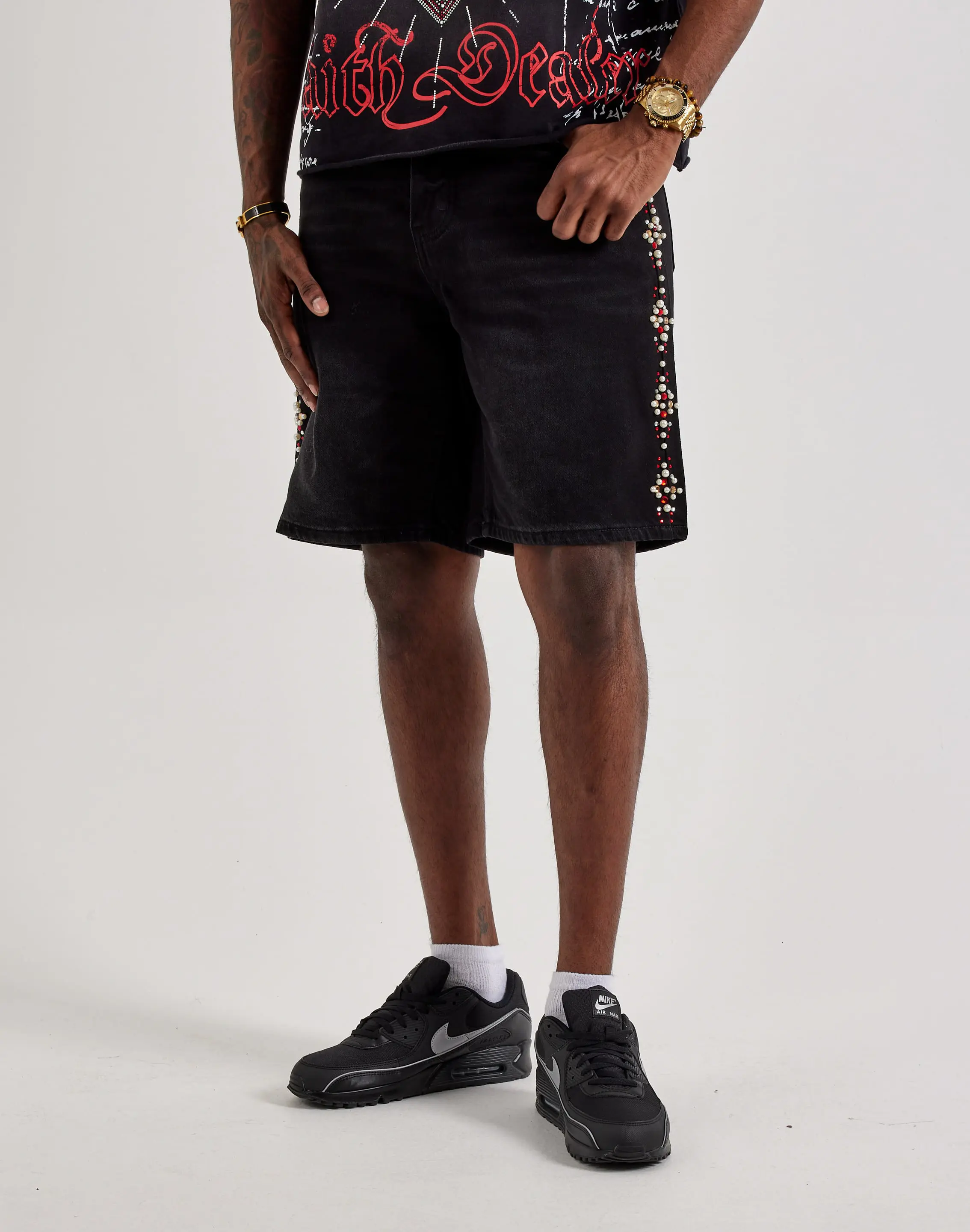 Mens GFTD LA Pearl Gems Denim Shorts