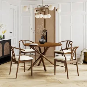 Roundhill Furniture Arnott 5-Piece Dining Set, Round Dining Table with 4 Stylish Chairs, Walnut Finish
