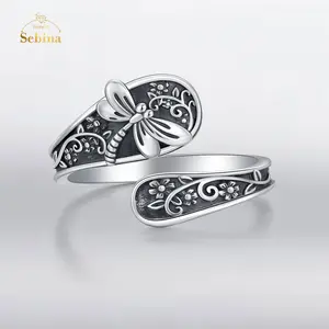 Sebina Dragonfly Spoon Ring - Vintage Boho Thumb Oxidized Wrap Rings Victorian Style Antique Floral Silver Jewelry Gifts for Men Women