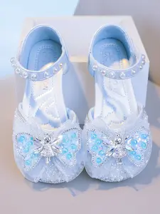 Girls' Rhinestone Butterfly Sequin Pearl Shoes, Soft Sole Anti-Slip, Round Toe Flat, Sweet Style, Perfect for Performances/proms