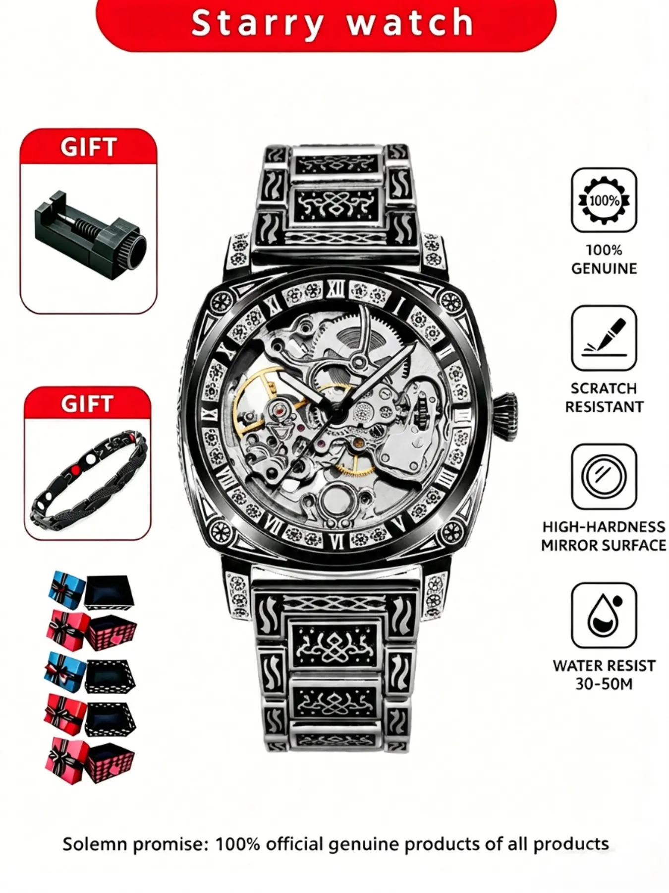 Men's Antique Art Watch Set, Handcrafted Mechanical Wristwatches Analog Watch, Classic Style Alloy Case, All Seasons Wearable Timepiece