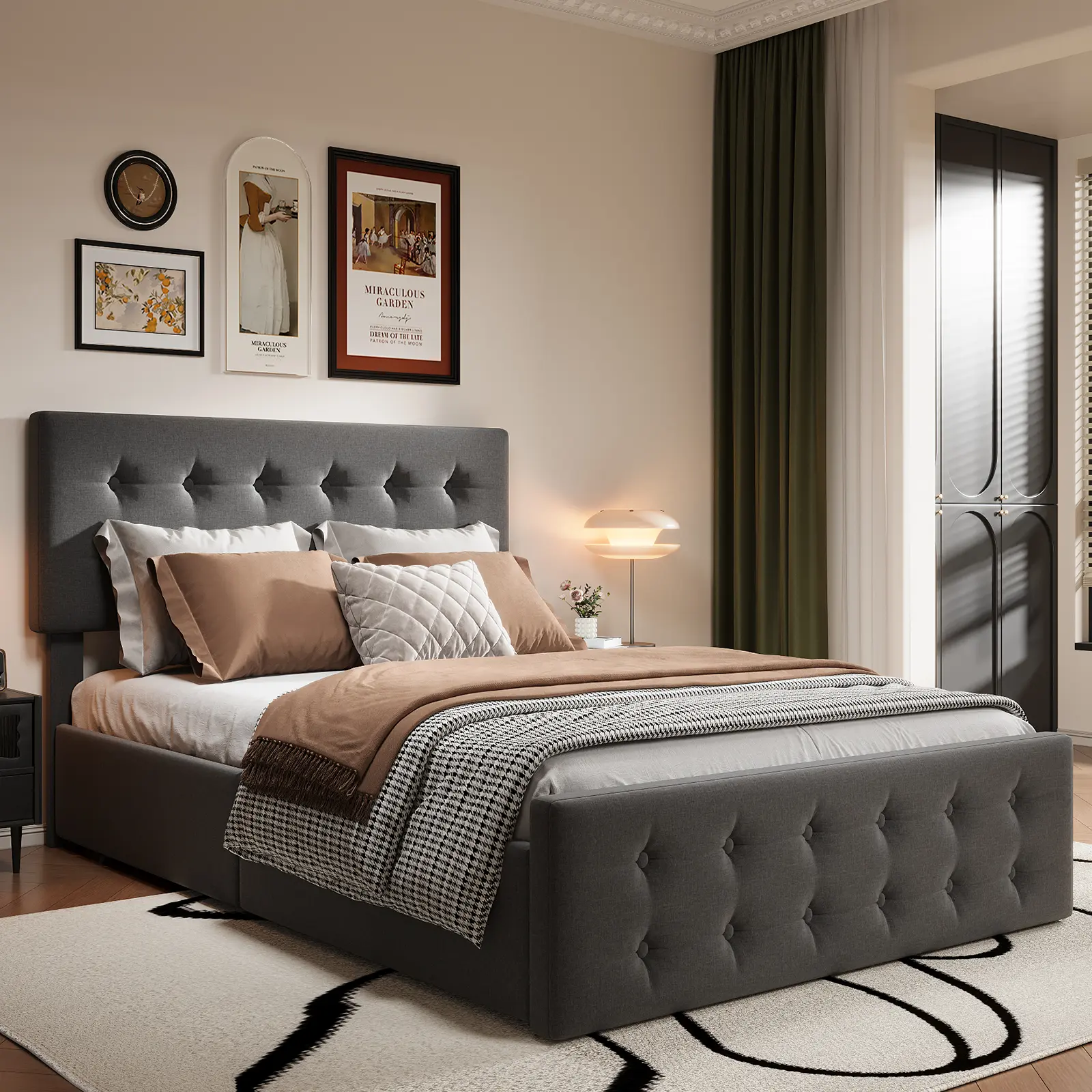 Button Tufted Full/Grey/Queen Platform Bed, Adjustable Upholstered Headboard & 4 Spacious Underbed Storage Drawers, Reinforced Wooden Slat Support, Ultra Silent Sleep Structure, Modern Bedroom Space-Saving Design, Hassle-Free Setup, No Box Spring Needed