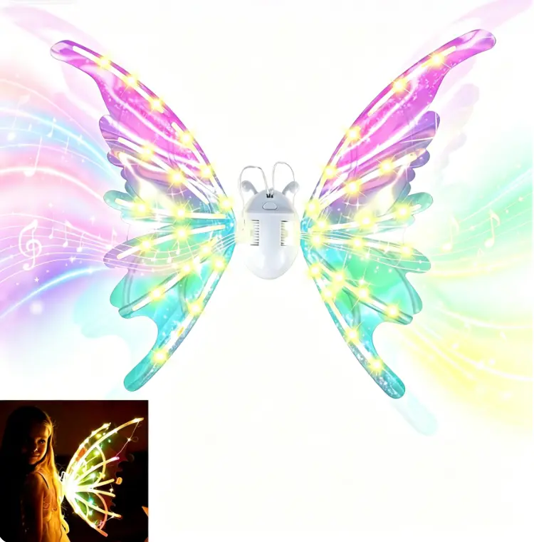 Musical Light Up Butterfly Fairy Wings with Electric Auto Moving Function, Rainbow LED Glowing Wings, Unisex Kids Costume Accessory, Boys Elf Outfit, Girls Princess Dress Up, Halloween Cosplay & Birthday Party Gift for Children
