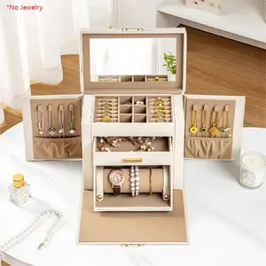 Leather Huge Leather Jewelry Box,Watch Organizer Necklace Ring Earring Storage Lockable Gift Case, Cosmetics Storage Box Anniversary Birthday Gift Large Capacity Lock Earrings Storage Necklace Box Jewelry Box with Drawer